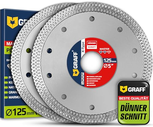 Feinsteinzeug Diamantscheibe 125mm für harte Fliesen, Naturstein, Marmor, Granit, Keramik – SET 1.3mm Super Dünne Diamanttrennscheibe für Winkelschleifer und Flex – Diamant Trennscheibe GRAFF