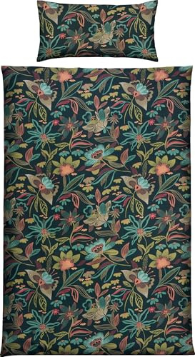 REDBEST Satin Bettwäsche Blumen Oliv Größe 40x80 cm / 135x200 cm - temperaturausgleichend, pflegeleicht, mit Reißverschluss