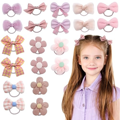 LUFFLOK 20 Pieces Girls School Hair Accessories, Pink Hair Bobbles