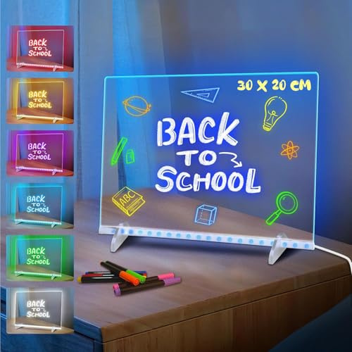 LED Drawing Board for Children, 30x20cm Light Up Acrylic Board with Stand & 7 Markers, 7 Color Light Modes, Creative Rewritable Drawing Pad Gift for Kids