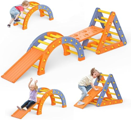 Hoyiyobi Klettergerüst Indoor,10-in-1Montessori Indoor Spielset,Klettergerüst mit Rutsche, Bogen & Matte für Kleinkinder und Kinder 1-6 Jahre (Orangeblau)