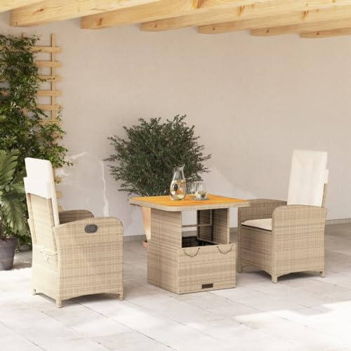 Runheo 3-TLG. Garten-Essgruppe Beige, Poly Rattan, Verstellbare Relaxsessel, Höhenverstellbarer Tisch, Outdoor Möbel Set mit Kissen, UV-beständig, Balkon, Terrasse