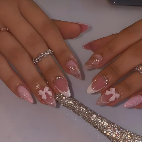 JUSTOTRY 24 Pcs White French Almond False Nails Short,Pink Bow Fake Nails with 3D Sculpting Metallic Pattern,Glossy Press on Nails Medium for Nail Art,Oval Glitter Stick on Nail for Women Gifts