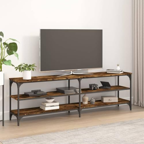 SKTQYQO TV Cabinet Smoked Oak 160x30x50 cm Engineered Wood with 3 Open Shelves and 4 Adjustable Feet, Industrial Design Vintage TV Stand with Stable Iron Frame for Living Room Storage