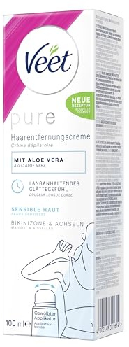 Veet Pure Haarentfernungscreme für Bikinizone & Achseln - Enthaarungscreme für sensible Haut - Mit Bio Aloe-Vera, Vegan - 100 ml Tube mit gewölbtem Applikator & Spatel