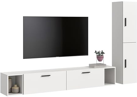 xonox.home – Wohnkombination The One 259x182x34 cm in Weiß Nachbildung – Großzügige Schrankwand mit 2 Türen und 2 Klappen – Bietet 10 Fächer für maximale Ordnung & EIN helles Wohnzimmer-Ambiente