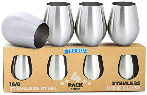 Stainless Steel Wine Glasses - Set of 4 Large & Elegant Stemless Goblets (18 oz) - Unbreakable, Shatterproof Metal Drinking Tumblers
