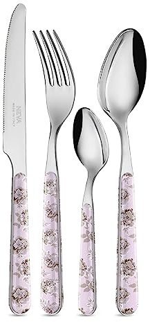 NEVA | BISTROT Roses Retro Collection, Set 24 Posate, Set Posate in Acciaio Inox, Lavaggio in Lavastoviglie, Decorazione Indelebile, Lilla