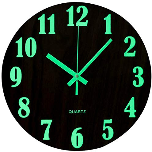 Topkey 12 Zoll Leuchtende Wanduhr Silent Holz Design Nachtlicht Runde Wanduhr für Wohnzimmer und Schlafzimmer – Braun