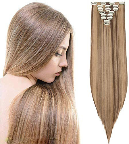 SEGO Clip in Extensions Haarverlängerung Haarteil 8 Tresssen wie Echthaar glatt Aschbraun & Dunkelblond 26(66cm)-140g