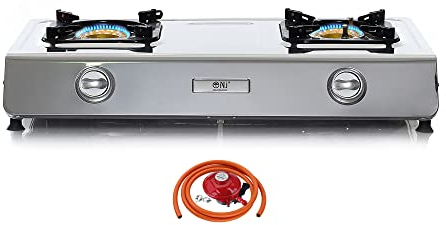 NJ NGB-200 Portable Gas Stove 2 Burner Portable Camping Hob 70cm Stainless Steel Wok 7.2kW (Propane gas 27mm Clip-on)