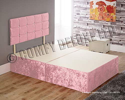 Divan Bed Single Double King Size Super King Base with Cube HEADBOARD in Crushed Velvet (3FT - 0 Drawer, Pink)