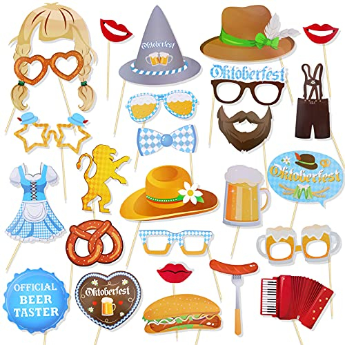HOWAF Oktoberfest Photo Booth Props, Lustige Bayrisch Fotorequisiten Wiesn Aktivität Spiel Zubehör Gastgeschenke, Bayern Hut Schnurrbart Brille Brezel Bratwurst Dirndl Bier Requisiten, 25 Stück