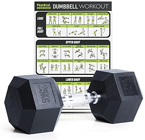 PhysKcal Hexagon Hanteln Poly-Gummierte | 25 kg 1 Stück | Rutschsicher Ummantelt | Ergonomische Verchromte Griffe | Kurzhantel-Set | Dumbbells Set