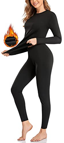 SIMIYA Damen Thermounterwäsche Set, Thermounterwäsche Damen Winter, Ultraleicht Unterteil und Oberteil lang Funktionsunterwäsche U Ausschnitt Skiunterwäsche für Winter Schwarz (S)