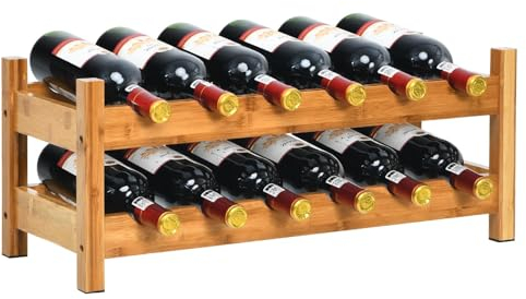 COSTWAY Casier à Vin de 12 Bouteilles, Stockage du Vin en Bambou à 2 Niveaux avec Emplacements en Arc de Cercle, 62 x 24 x 25 cm, pour Cuisine, Garde-Manger, Pub, Cave à vin