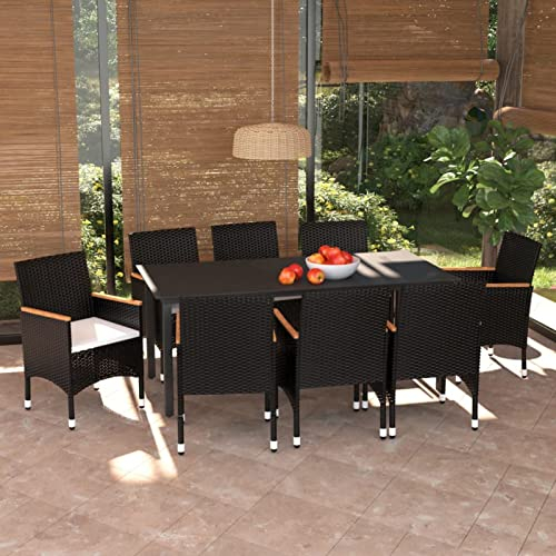 Gecheer 9-TLG. Garten Essgruppe, Terrassenmöbel Set 8 Personen, Sitzgruppe Aluminium Tisch mit Glas-Tischplatte & 8 Poly Rattan Stühle mit Sitzkissen, Gartenmöbel Set Schwarz