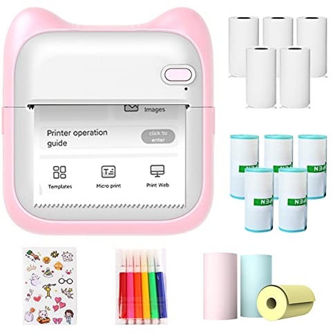Mini Drucker, Handy Sticker Drucker Fotodrucker für Smartphone für Foto Memo Etikettenlisten, mit 5 Rollen Druckpapier, 5 Rollen Aufkleber, Farbstifte, 3 Rollen Farbpapier und 1 Farbige Aufkleber