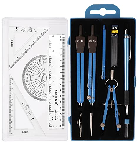 13pcs Professional Geometry Set Metal Compass Set Geometry Precision Tool Kit Student Supplies Drafting Tools with Shatterproof Storage Case Protractor Triangle Ruler Set (Blue)