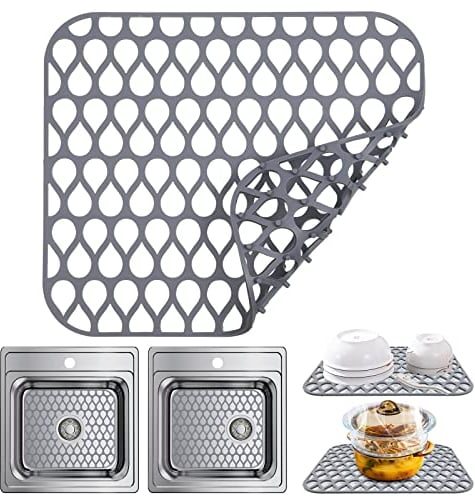 AUAUY Silicone Kitchen Sink Mat, 1 PCS Folding Heat Resistant Non-slip Sink Protectors Kitchen Sink Mats Grid Accessory for Stainless Steel Sink, Bathroom Sink, Porcelain Bowl (Grey, 13.58x11.6)