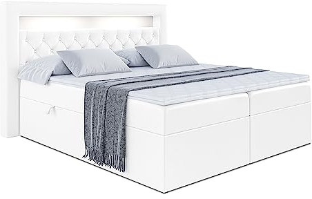 ALTDECOR Boxspringbett mit Matratze und Lattenrost, LED Boxbett, Topper, Polsterbett mit Bettkasten, Bett mit Stauraum H3-Matratze, Doppelbett, Springboxbett - Noel Gold - 180x200 - Weiß Kunstleder