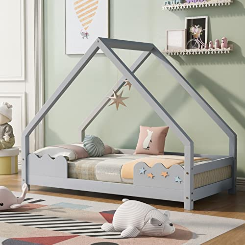 Whoiy Rausfallschutz Bett Holz, Hausbett 90X200Massivholz Grauer Rausfallschutz Multifunktionales Kinderbett Krippe Geeignet für Jungen Mädchen