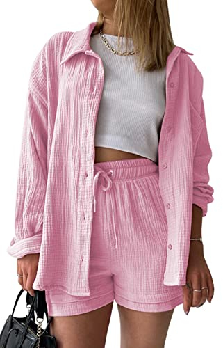 KOOSUFA Damen Zweiteiler Sommer Langarm Hemd Hemdshirt Bluse Kurze Hose Set Plissee Baumwolle 2 Teilige Freizeitanzug Kurz Einfarbig Outfit Set mit Knopfleiste&Brusttasche Rosa, S