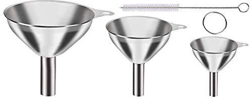 Edelstahl-Trichter, 3 Stück kleine Metalltrichter (7,5 cm + 5,5 cm + 4,5 cm) mit 1 Reinigungsbürsten-Set, Küchentrichter in Lebensmittelqualität zum Umfüllen von Flüssigkeiten, kleine Flaschen