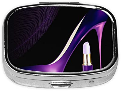 LAMAME Elegante lila High Heels mit Lippenstift gedruckt quadratische Pillendose tragbare Organizer Mini Pillendose