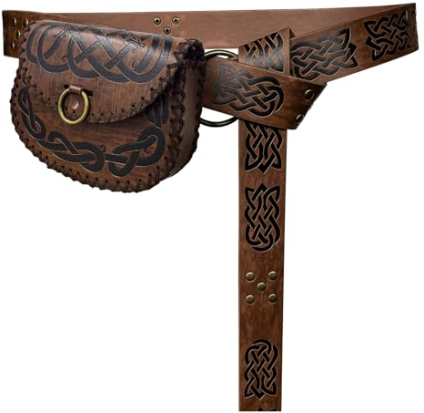 HiiFeuer Mittelalter Geprägter O-Ring Gürtel mit Wikinger Geprägter Gürteltasche, Vintage Kunstleder Gürtel und Seitentasche Set für LARP (Braun B)