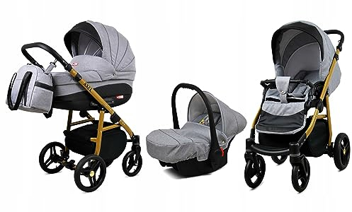 BabyLux® Bambimo Kinderwagen Set 3 in 1 - Axel - incl. Babywanne, Buggy Sportsitz, Auto-Babyschale - Autositz - Kinderwagenset - Kombikinderwagen mit Wickeltasche, Regenschutz usw.