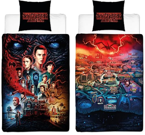 Stranger Things Bettwäsche Hawkins 135 cm x 200 cm + 80 cm x 80 cm 100% Baumwolle Renforcé-Linon-Qualität Eleven Dustin Hopper Mike Demogorgon Monster Creels deutsche Größe mit Reißverschluss