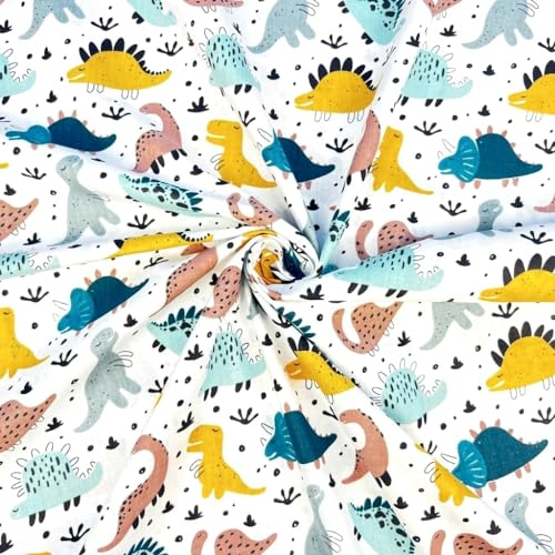 Textrend Baumwollstoff - Stoff zum Nähen 100% Baumwolle - Textilien 1x1.6m - Stoffe Meterware - Muster in Dinosauriern (Bunte Dinosaurier auf weißem Hintergrund)