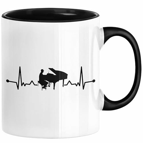 Trendation - Piano-Spieler Tasse Geschenk Klavier Kaffee-Becher Geschenkidee Flügel Musiker Klavier Klavier-Spieler Herzschlag (Schwarz)
