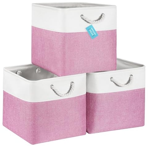 OrganiHaus 33x33 Cube Storage Bins Set of 3, Fabric Cube Baskets for Storage Shelves, Foldable Storage Cubes for Kallax Organizer Cube Bins w Rope Handles, Cubby Bins for Nursery Decor -Pink/White