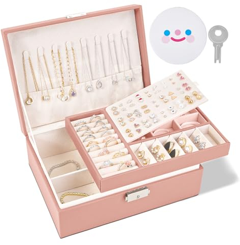 Jewellery Box, 2 Layer Jewellery Organiser with Lock, Jewellery Box for Women with Removable Tray, Earring Box for Necklace Earrings Rings Bracelets (Pink)