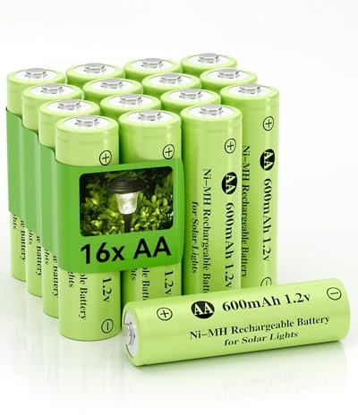 Howardly 1.2v AA Ni-MH Rechargeable Battery, Double A 600mAh 1.2V Rechargeable Battery, Low Self - Discharge for Outdoor Solar Lights, Lawn Lamps, Ground Lights (AA-600mAh-16pack