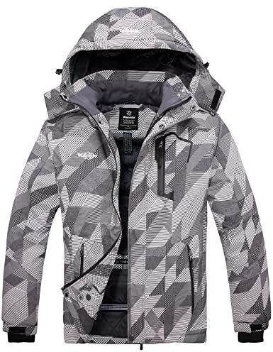Wantdo Giacca da Sci Montagna Calda Invernale Parka da Neve Imbottita Cappotto da Snowboard in Pile Giubbotto con Cappuccio Impermeabile Uomo Stampa Biancoe Nero 2XL