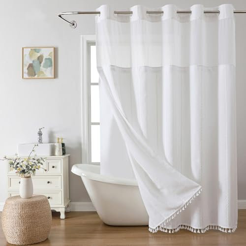 eachope Set di tende da doccia lunghe senza gancio con fodera in tessuto a scatto, tessuto di lino ultra spesso con nappe, stile boho chic, moderno, in tessuto neutro, tende da doccia per bagno,