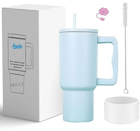 Amoilly 880ml Tazza termica a doppia parete, in acciaio inox | tazza da viaggio cannuccia l per caffè, viaggio, con cannuccia l Con spazzole gratuite (Celeste-30OZ)