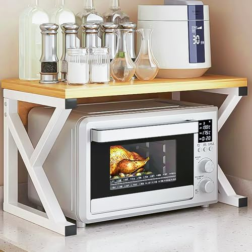 Savieva Microwave Oven Rack - 2-Tier Kitchen Counter Organizer Shelf Stand Pot Pan Grill Kitchen Baker's Rack Carbon Steel with Wood Tabletop (2-Tier White)