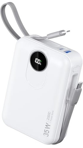 Batterie Externe 20000mAh avec Câble intégré : 22.5W Power Bank à Charge Rapide pour téléphone Portable, Batterie USB C (Input & Output), Chargeur Portable avec 4 Sorties et 2 entrées- Blanc