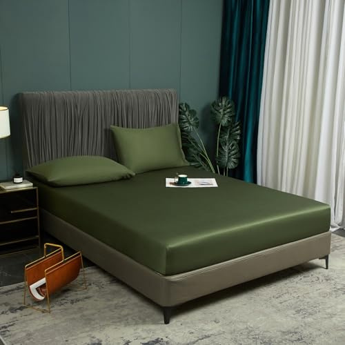 120x200 Spannbettlaken Bambus Grün Olivgrün Spannbetttuch Set Hypoallerg Kühlende Boxspringbett 100% Bambus Bettlaken Spannbetttuch Leintuch 120 x 200 für Hohe Matratze bis 25-30 cm