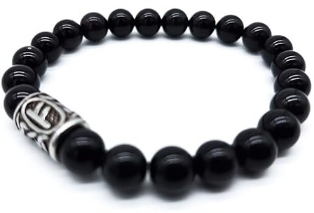 Wikinger Futhark Rune Edelstein Armband (18/21 cm, Damen/Herren) in Geschenkbox | Schutz Glück Energie (21, Rune FEHU Schwarzer Obsidian | Reichtum Energie Fruchtbarkeit)