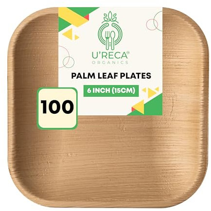 U'reca Organics Platos cuadrados ecológicos de hoja de palma Areca | 6 pulgadas - Paquete de 100 | Lo mejor para comida para llevar, almuerzos bufés y comidas de oficina | Sin plástico, duraderos,