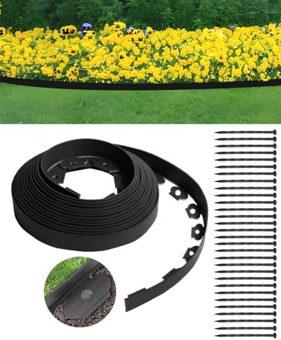 Lawn Edging Garden Borders, Bordure De Plate Bande Jardin, No Dig Landscaping Edging Placstic 33FT(10M) - 2 IN(5CM) High with 30 Spikes for Lawn Edger, Garden Border, Flower Bed,Gravel Path
