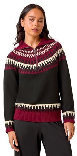 Roman Petite Fairisle Zip Detail Jumper for Women UK - Ladies Autumn Everyday Winter Holiday Long Sleeve Warm Ribbed Knit Comfy Soft Feel Top Daywear Sweaters - Petite Black - Size 14