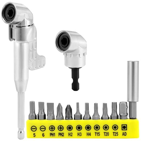 QWORK® 2 Stück 105° Winkelschrauber Vorsatz Adapter Lang + Kurz, 1/4-Zoll Sechskantschaft, mit 12 Schraubendreher-Bit