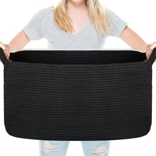 Vikcvcsc Aufbewahrungskorb, 65L Wäschekorb Geflochtener Wäschekorb Geflochten aus Baumwolle mit Griffen,Korb für Decken, Baby Spielzeug, Korb Aufbewahrung, Aufbewahrungskorb Kinder,Schwarz