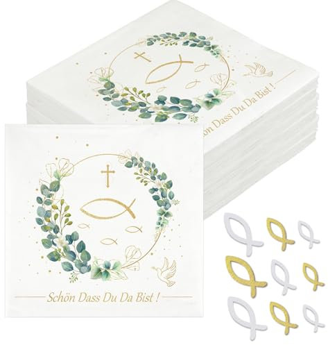 20 Stück Servietten Taufe Kommunion und 36 Stück Holz Fischdekoration Servietten, Servietten Kommunion Eukalyptus Deko für Kommunion Konfirmation 33x33cm Schön dass Du Da Bist